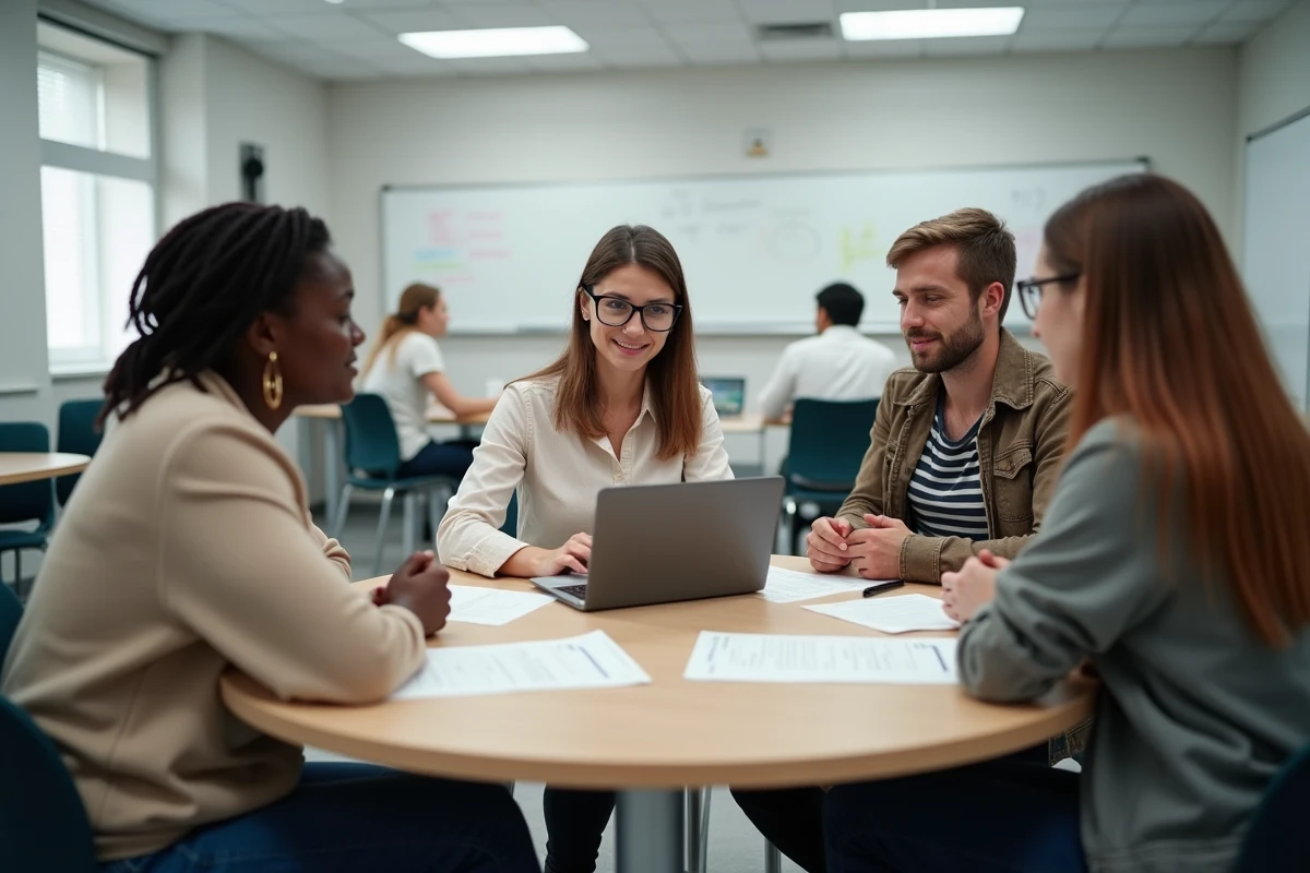 Groupe d'adultes en formation professionnelle sans diplôme collaborant autour d'une table dans un centre de formation communautaire
