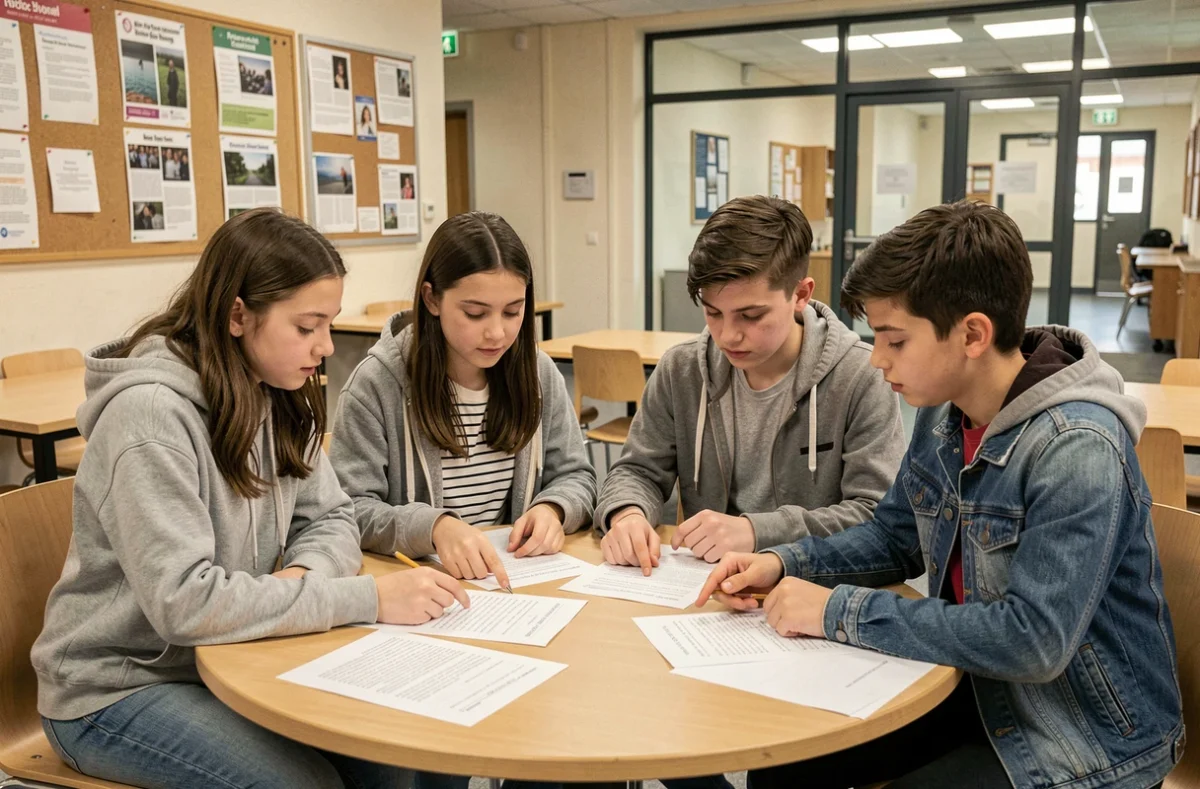 Groupe de collégiens qui travaillent ensemble sur la conclusion d'un discours de délégué de classe