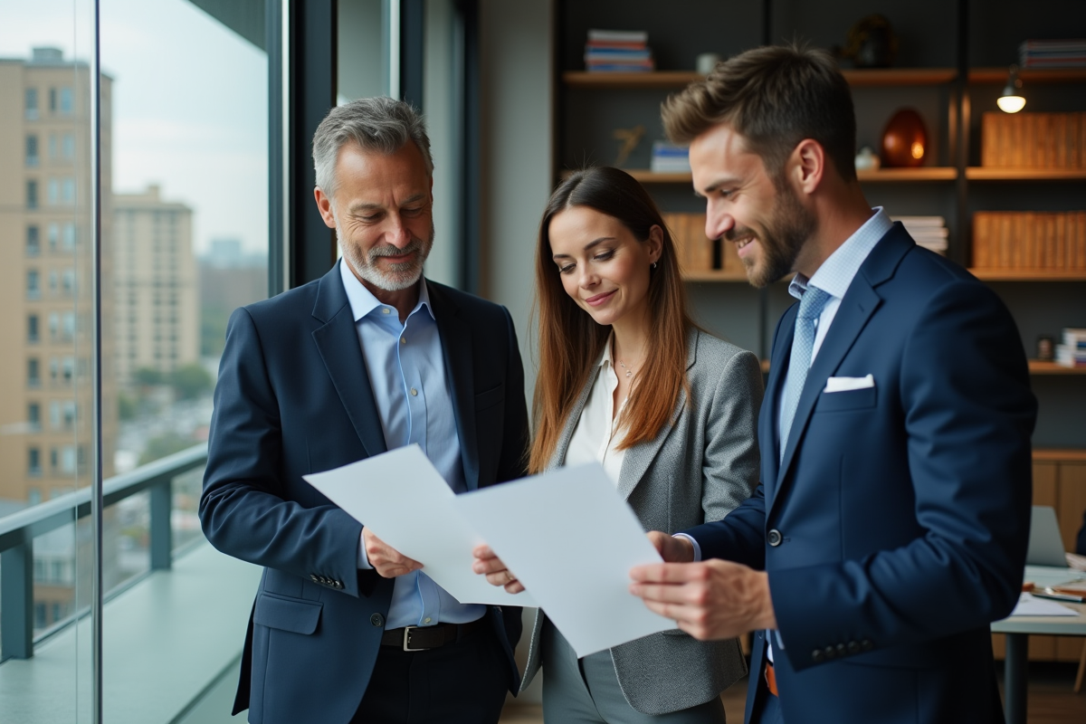 Trois managers discutant près d une fenêtre avec vue urbaine