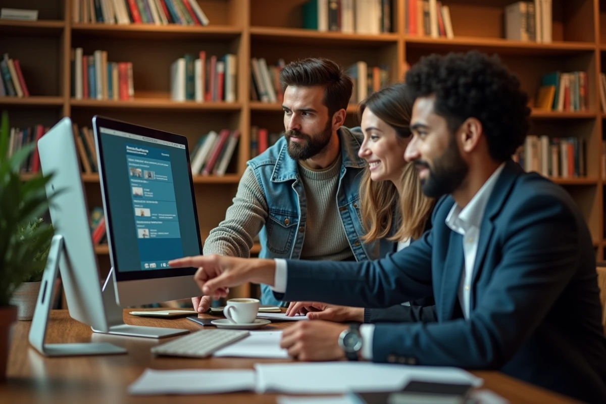 Groupe d'adultes découvrant les nouvelles fonctionnalités d'une plateforme MOOC dans une bibliothèque universitaire
