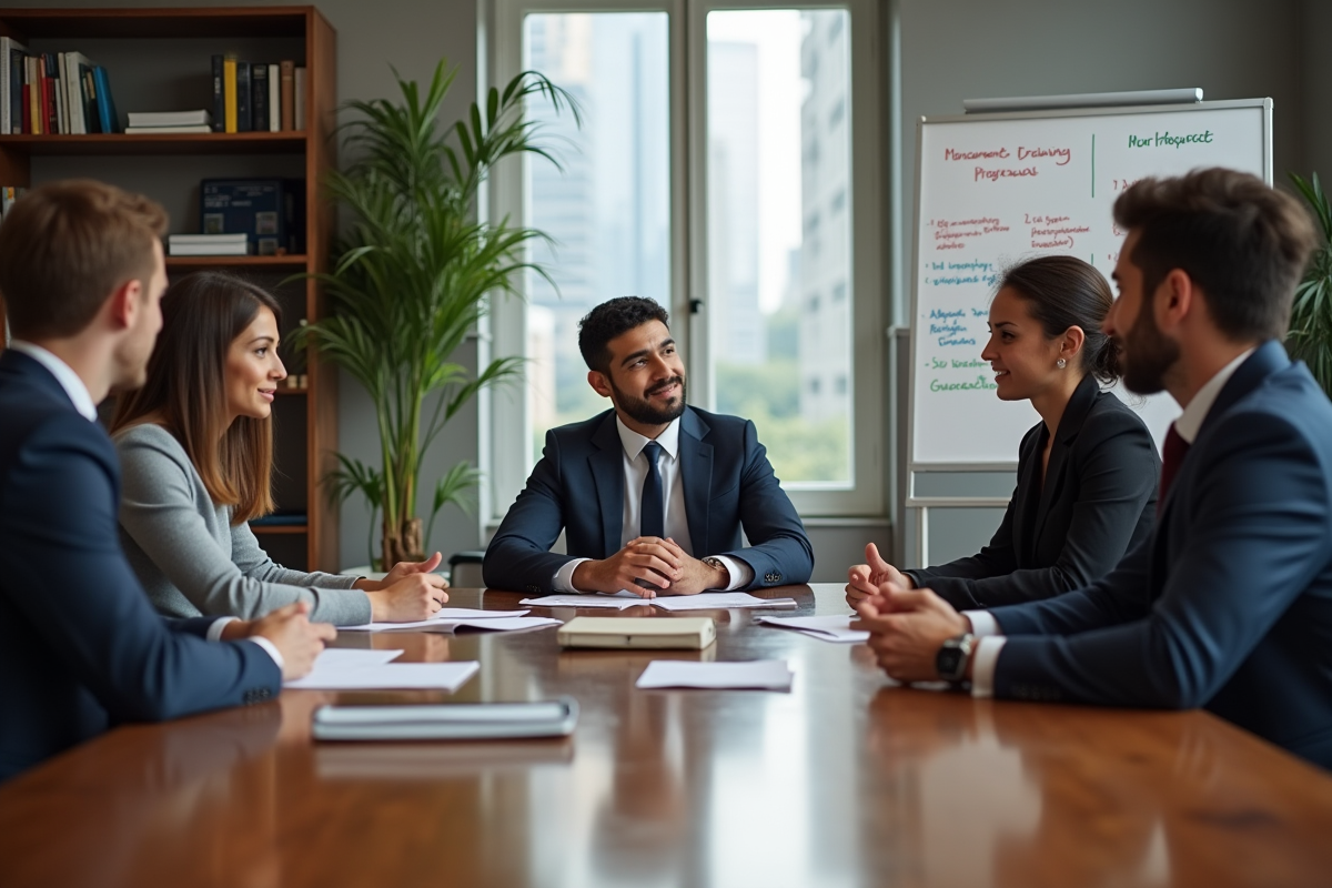 Jeunes professionnels discutent autour d une table en salle de réunion
