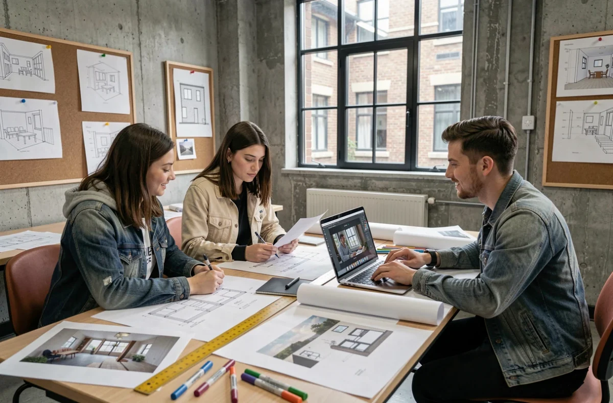 Groupe d'élèves décorateurs en train de réviser des plans et rendus numériques dans une salle de cours de l'école de décoration Decoscope