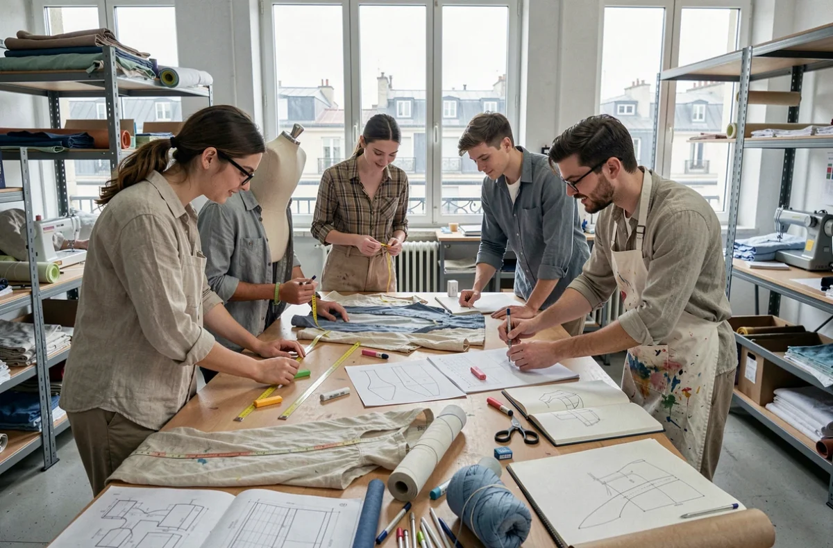 Groupe d'étudiants en formation mode et design autour d'un mannequin de couture dans un atelier de l'école Duperré à Paris