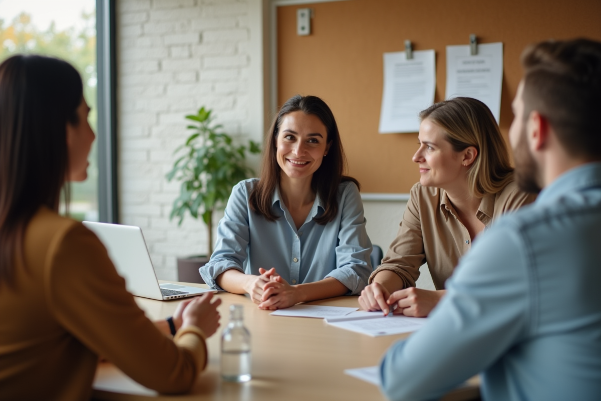 Groupe diversifié en séance de feedback dans un bureau convivial