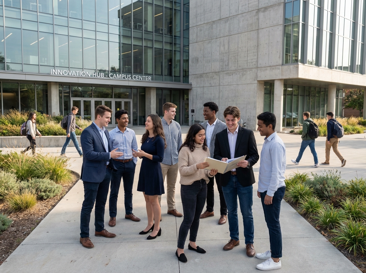 Groupe de jeunes discutant devant un bâtiment moderne