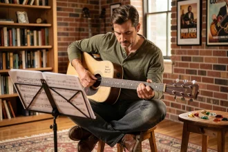 Guitariste adulte apprenant la tablature de Let It Be sur une partition annotée dans une salle de musique vintage