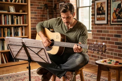 Guitariste adulte apprenant la tablature de Let It Be sur une partition annotée dans une salle de musique vintage