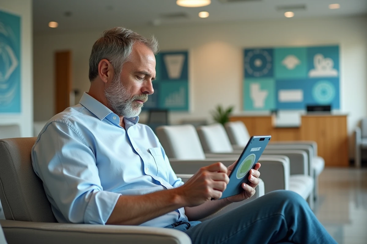 Homme en attente utilisant une tablette pour test IQ