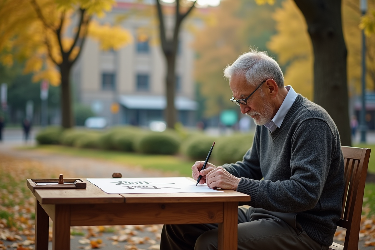 Homme pratique la calligraphie dans un parc calme