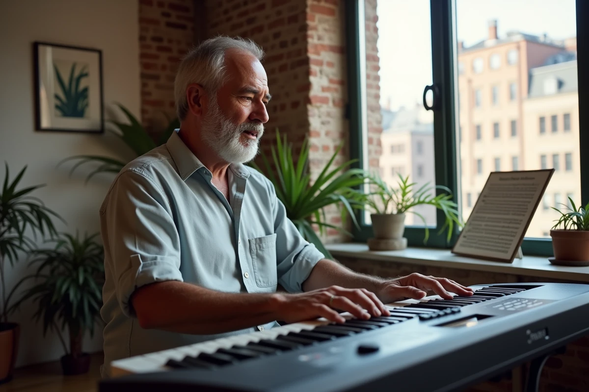 Homme barbu jouant du clavier dans un appartement lumineux
