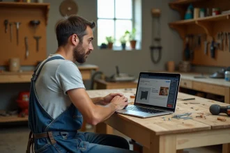 Homme adulte en tablier de bricolage regardant un cours en ligne sur ordinateur portable dans un atelier maison
