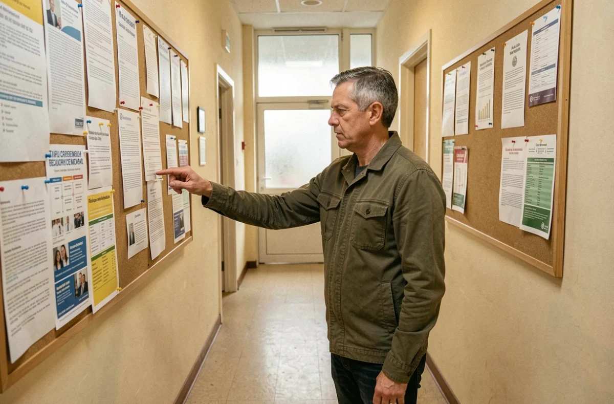 Homme de 52 ans en recherche d'emploi examinant des offres et fiches métiers affichées sur un tableau d'information dans un centre pour l'emploi