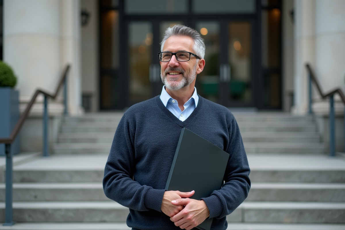 Homme debout devant un bâtiment officiel avec confiance