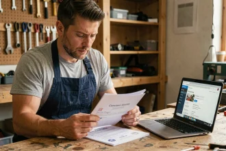 Homme adulte étudiant un manuel de certification bricolage dans un atelier à domicile bien organisé