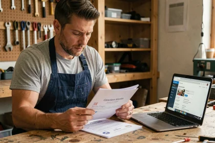 Homme adulte étudiant un manuel de certification bricolage dans un atelier à domicile bien organisé