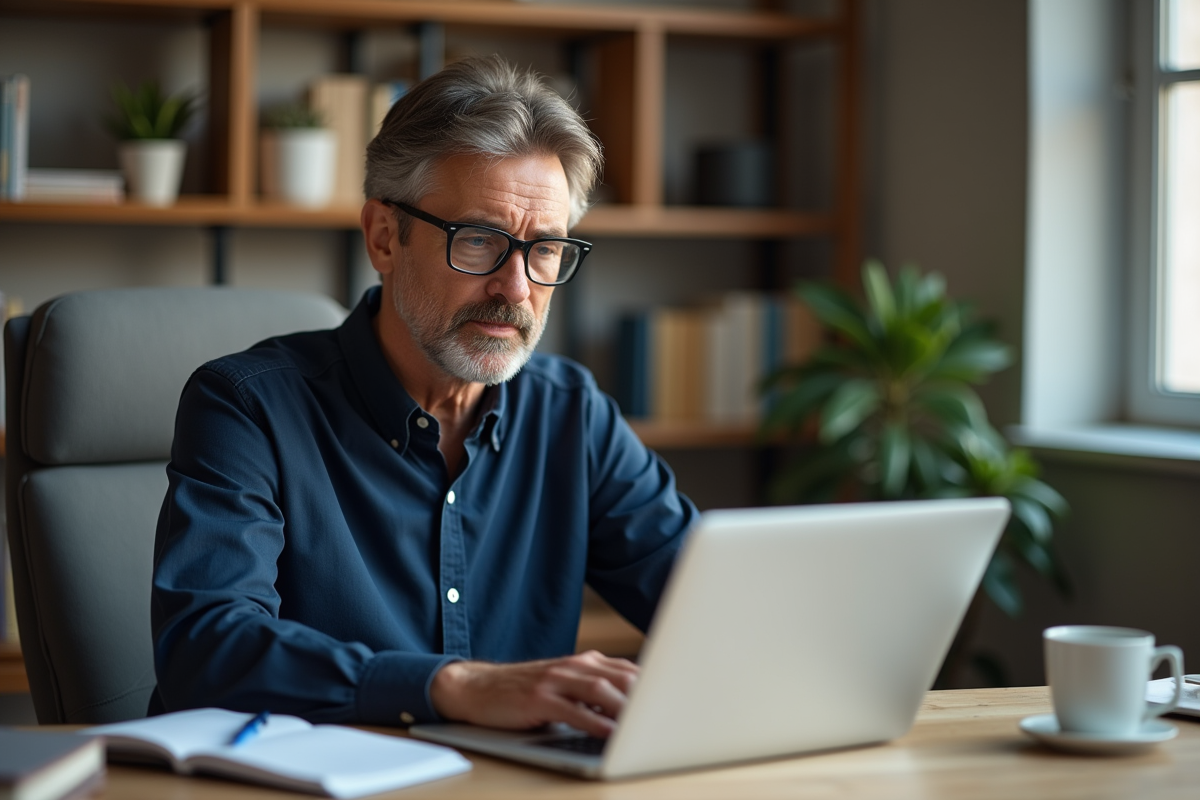 Homme en formation en ligne dans un bureau à domicile