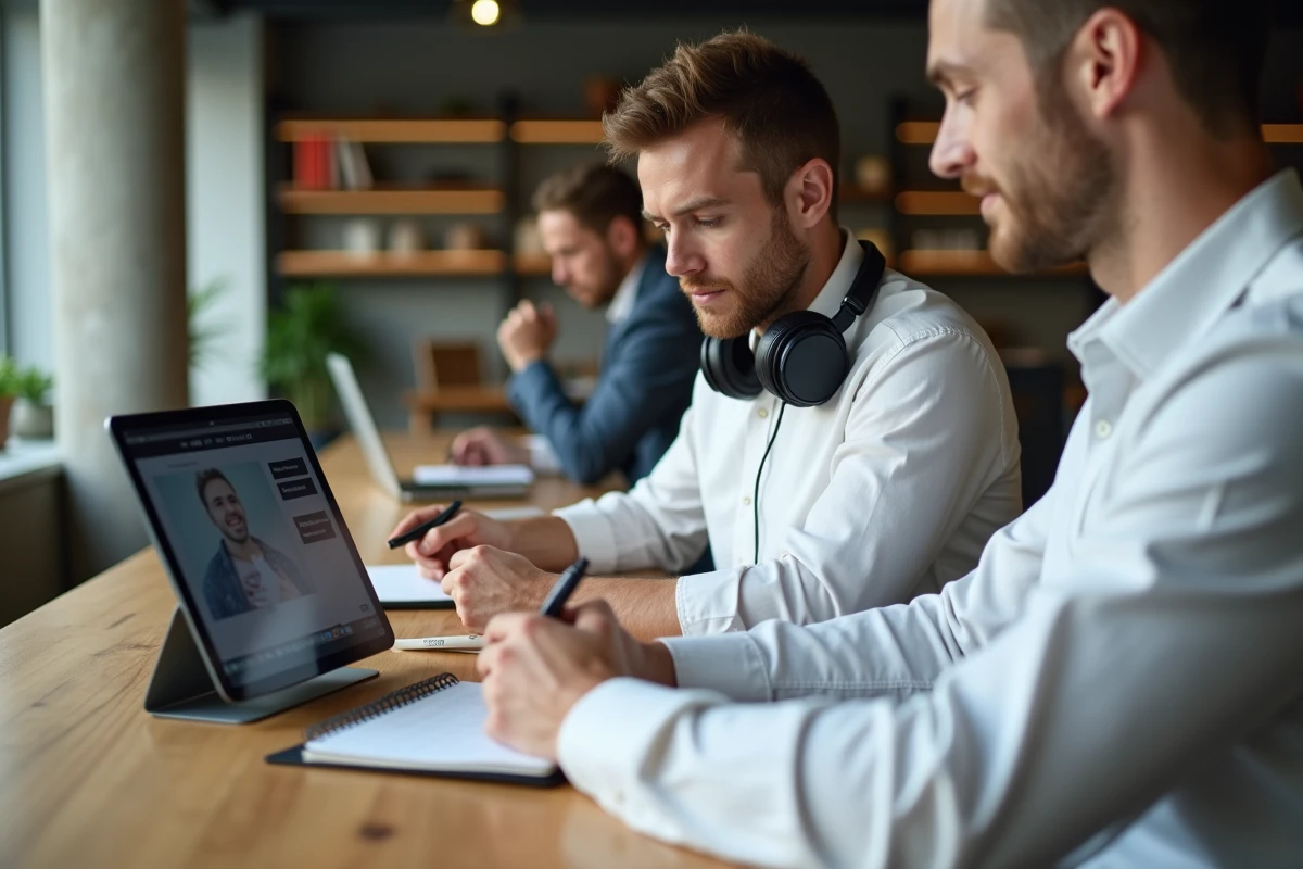 Homme prenant des notes lors d'une formation en ligne dans un espace de coworking moderne