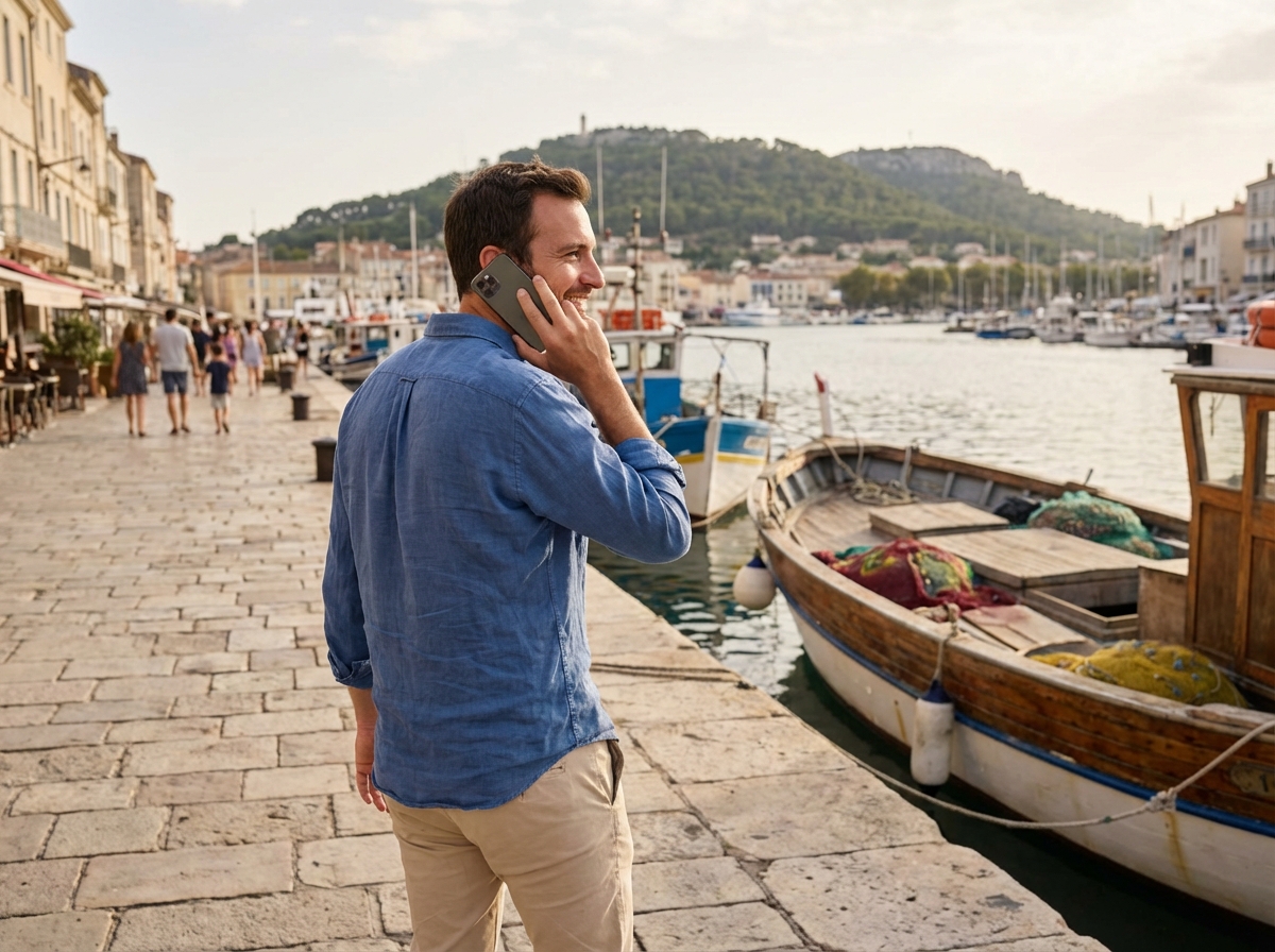 Jeune homme marchant au port de S&egrave;te en parlant au t&eacute;l&eacute;phone