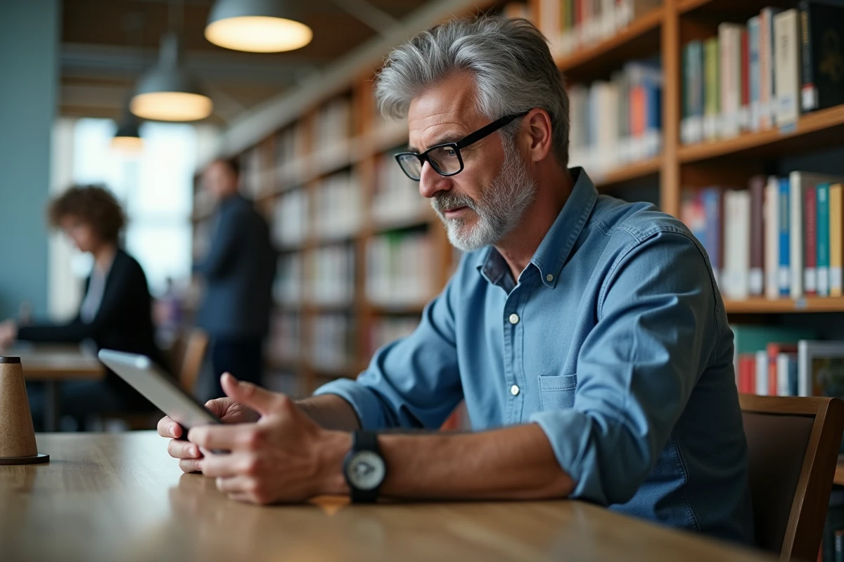 Homme lisant une tablette dans une bibliothèque animée