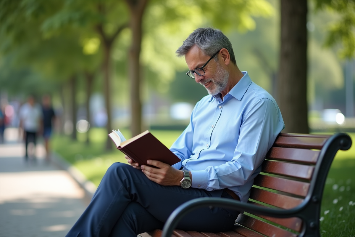 Homme lisant un livre dans un parc en plein air