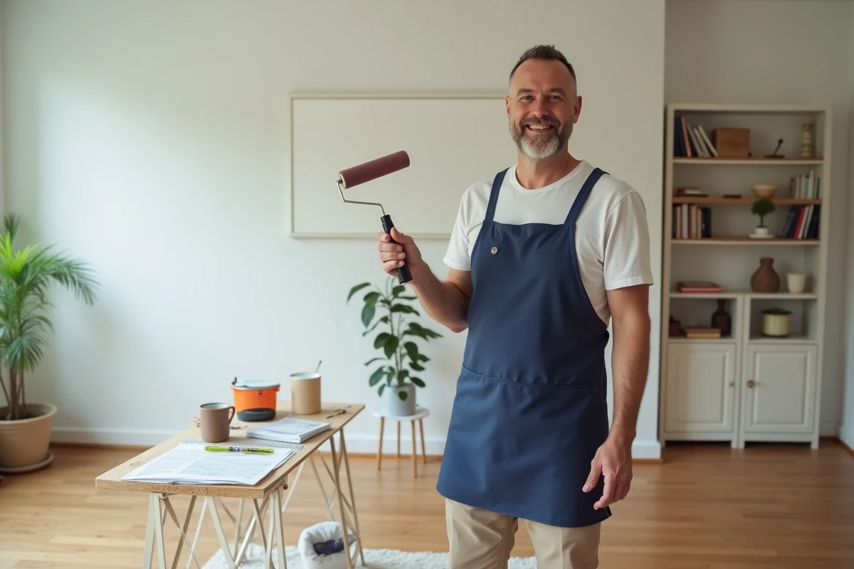 Homme souriant inspecte un mur peint dans un salon lumineux