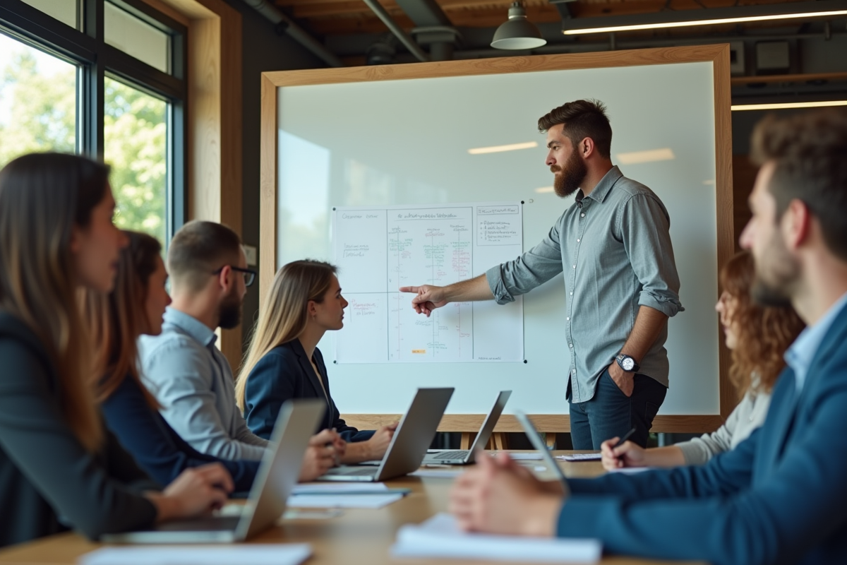 Homme avec barbe expliquant un projet devant l