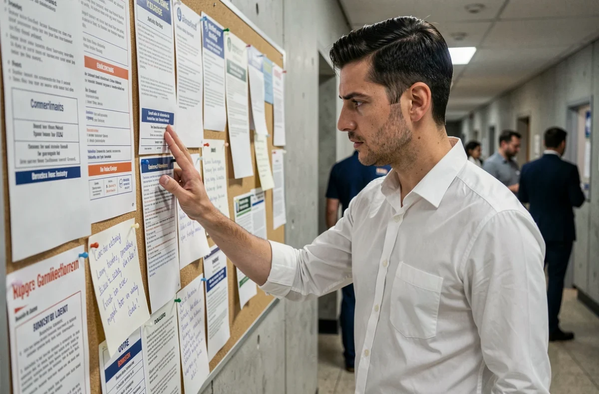 Homme sans expérience professionnelle consultant des offres d'emploi dans un centre pour l'emploi