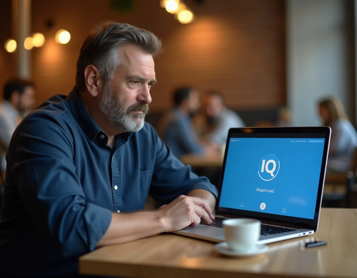 Homme consultant les résultats d'un test de QI en ligne sur son ordinateur portable dans un café urbain
