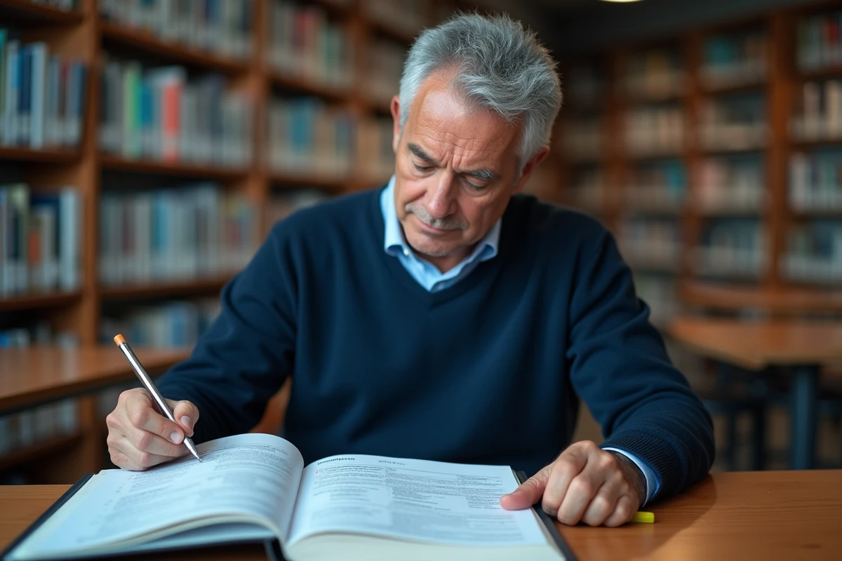 Homme révisant les 200 questions de naturalisation dans une bibliothèque publique avec des fiches imprimées