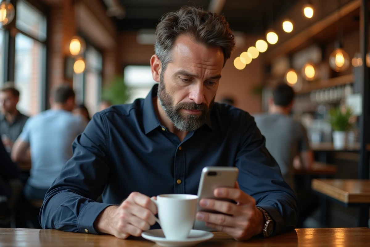 Homme sceptique consultant un test de QI gratuit sur son smartphone dans un café urbain