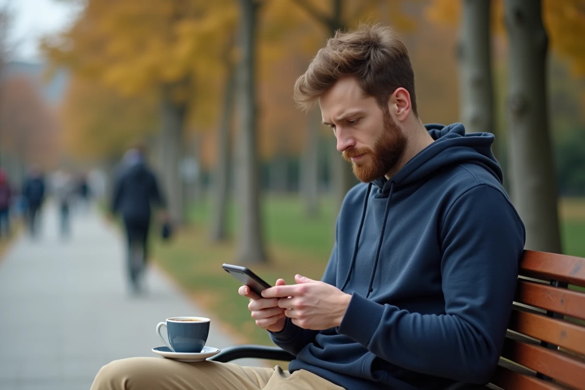 Homme assurant un test de QI fiable sur mobile dans un parc urbain en automne