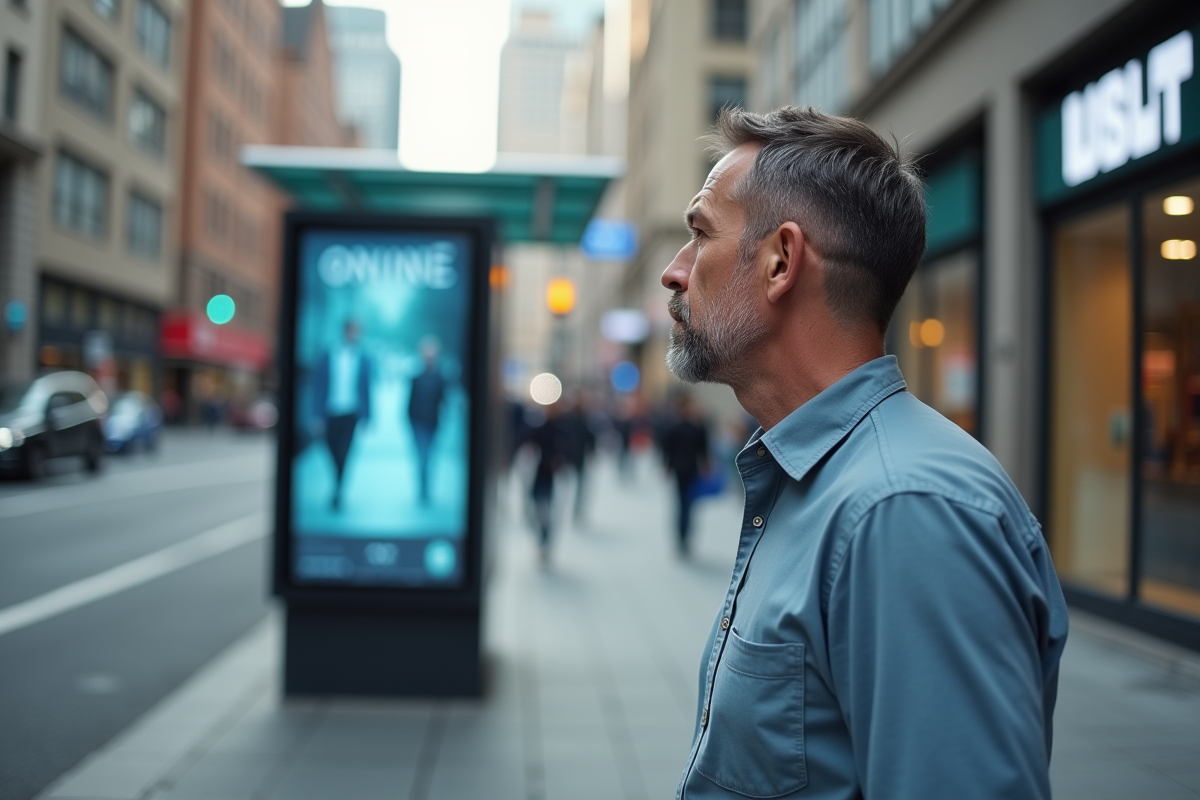 Homme regardant une affiche publicitaire en ville
