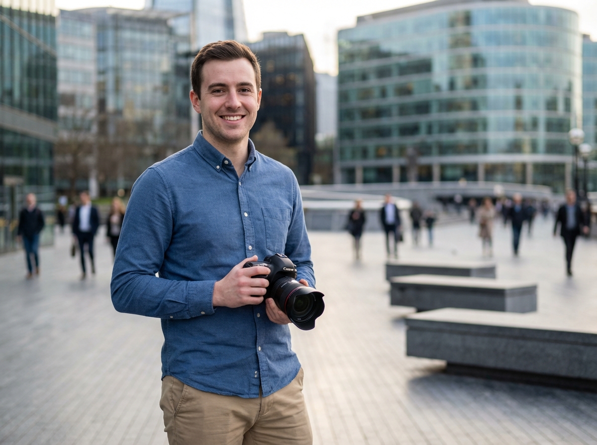 Homme posant avec un appareil photo dans une place urbaine moderne