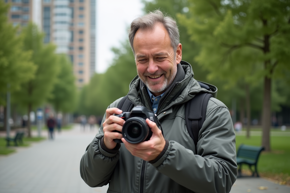 Homme en extérieur réglant son appareil photo en ville