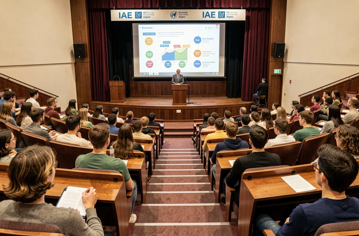 Amphithéâtre de l'IAE Grenoble Université Grenoble Alpes avec des étudiants en cours magistral