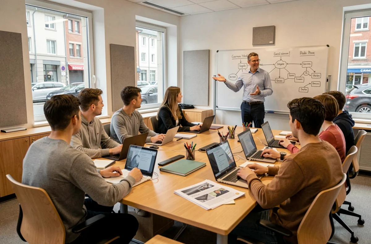 Salle de cours dynamique de l'IDRAC Business School campus Grenoble avec étudiants et professeur