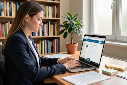Femme candidate au CRPE complétant son inscription sur le portail Cyclade sur un ordinateur portable dans un bureau à domicile