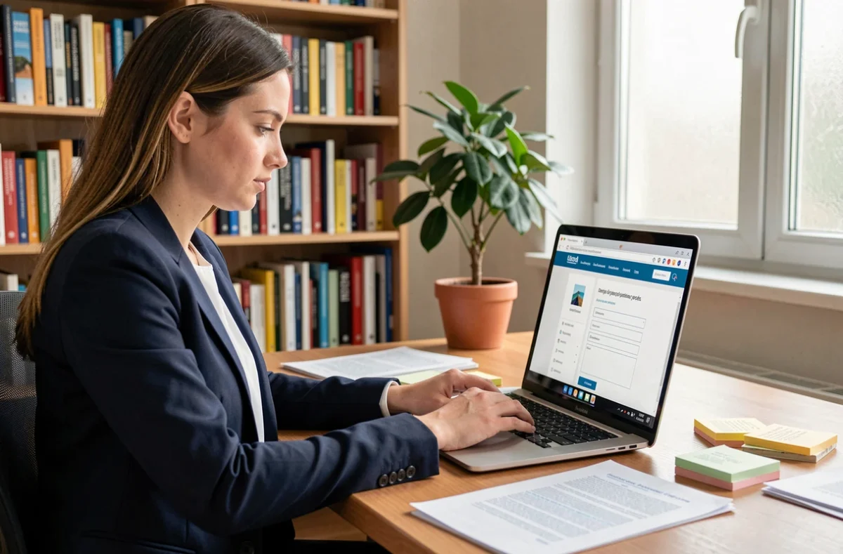 Femme candidate au CRPE complétant son inscription sur le portail Cyclade sur un ordinateur portable dans un bureau à domicile