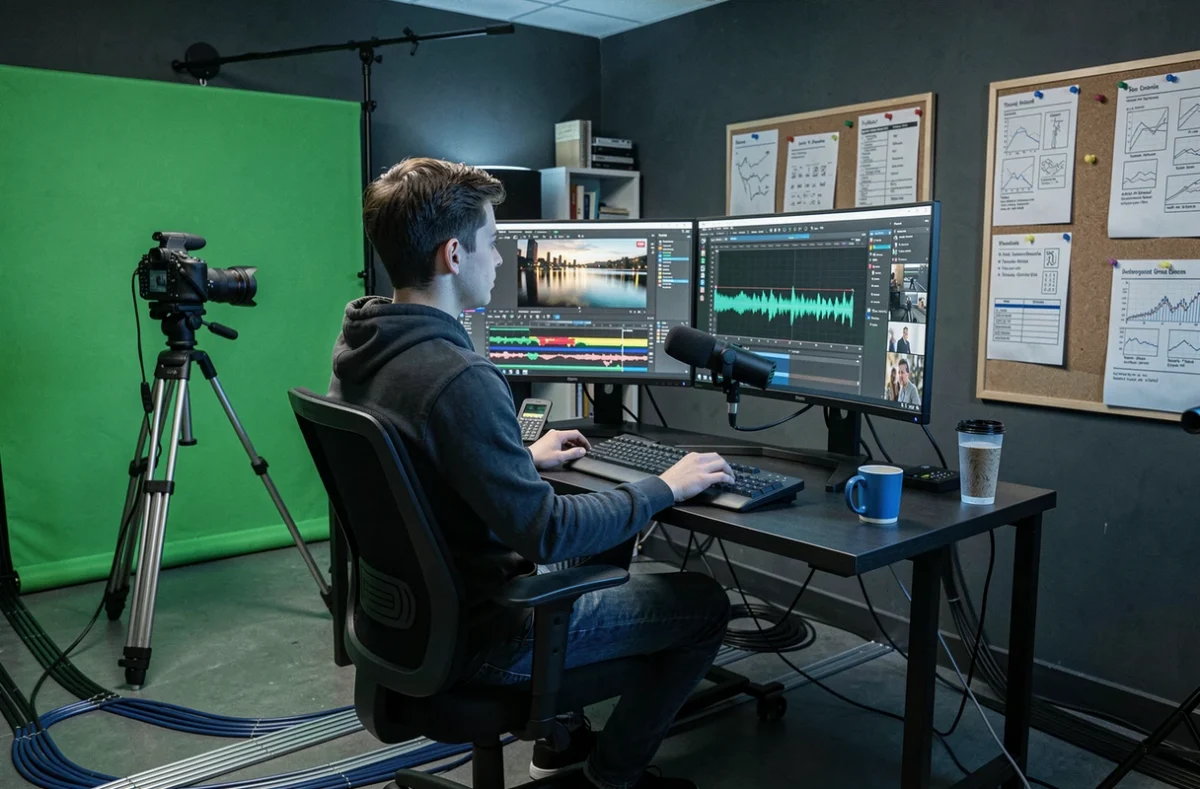 Étudiant en production vidéo dans le studio de l'Institut de la Communication et des Médias ICM Grenoble Alpes