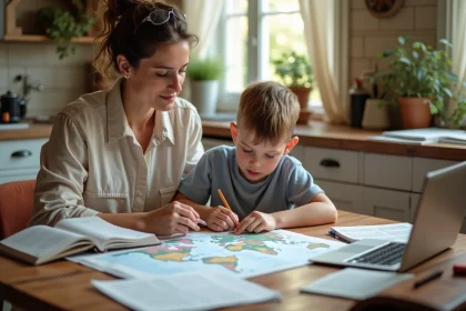 Mère et enfant pratiquant l'instruction en famille à domicile autour d'une table en bois avec manuels et carte géographique, dans une cuisine de style provençal