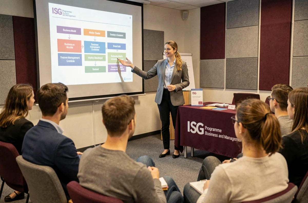 Étudiante présentant un business model canvas lors d'un cours à l'ISG Grenoble