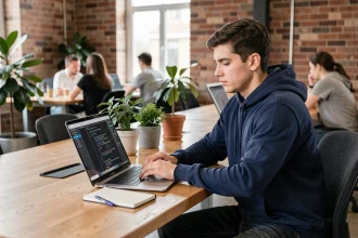 Jeune développeur web en alternance concentré sur son code HTML et CSS dans un espace de coworking moderne