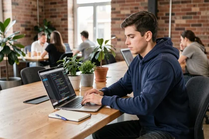 Jeune développeur web en alternance concentré sur son code HTML et CSS dans un espace de coworking moderne