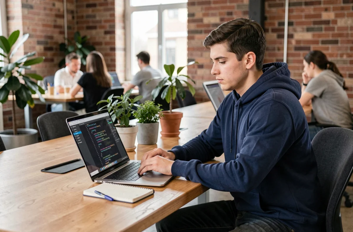 Jeune développeur web en alternance concentré sur son code HTML et CSS dans un espace de coworking moderne