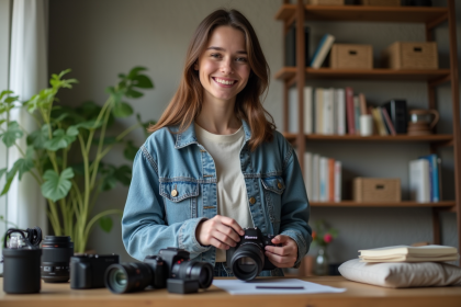 Jeune femme souriante avec appareil photo à la maison