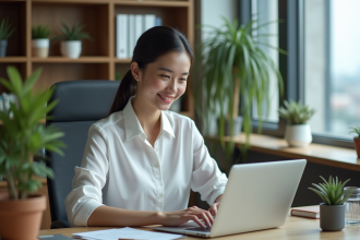 Jeune femme professionnelle souriante travaillant sur son ordinateur dans un bureau moderne