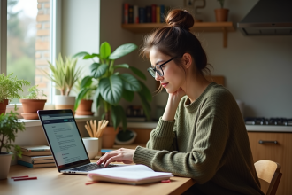 Jeune femme assise à une table de cuisine avec ordinateur et livres