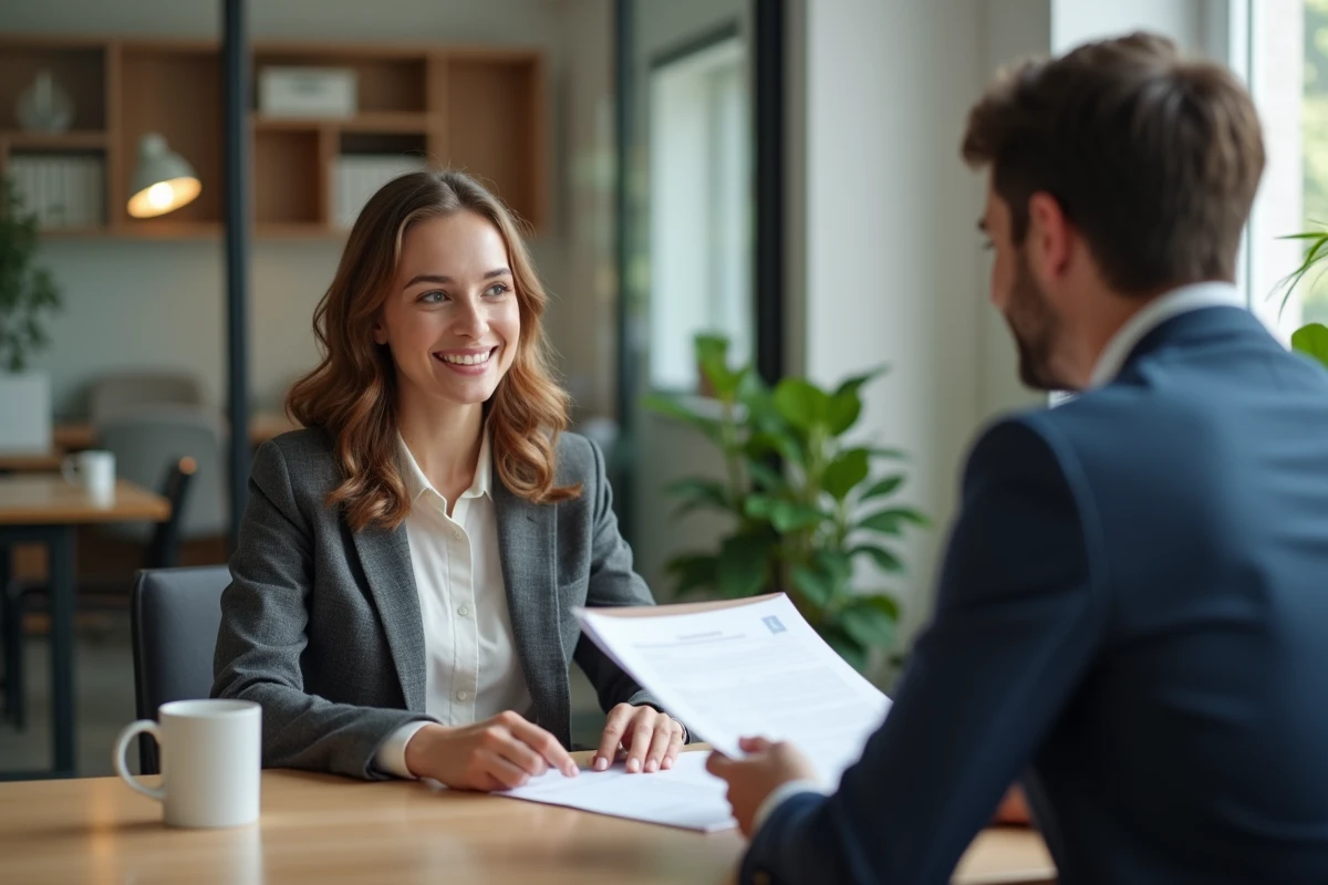 Jeune femme en blazer discutant avec un coach en entretien de carrière