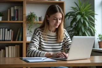 Jeune femme concentrée sur son ordinateur à la maison