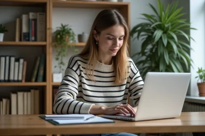 Jeune femme concentr&eacute;e sur son ordinateur &agrave; la maison